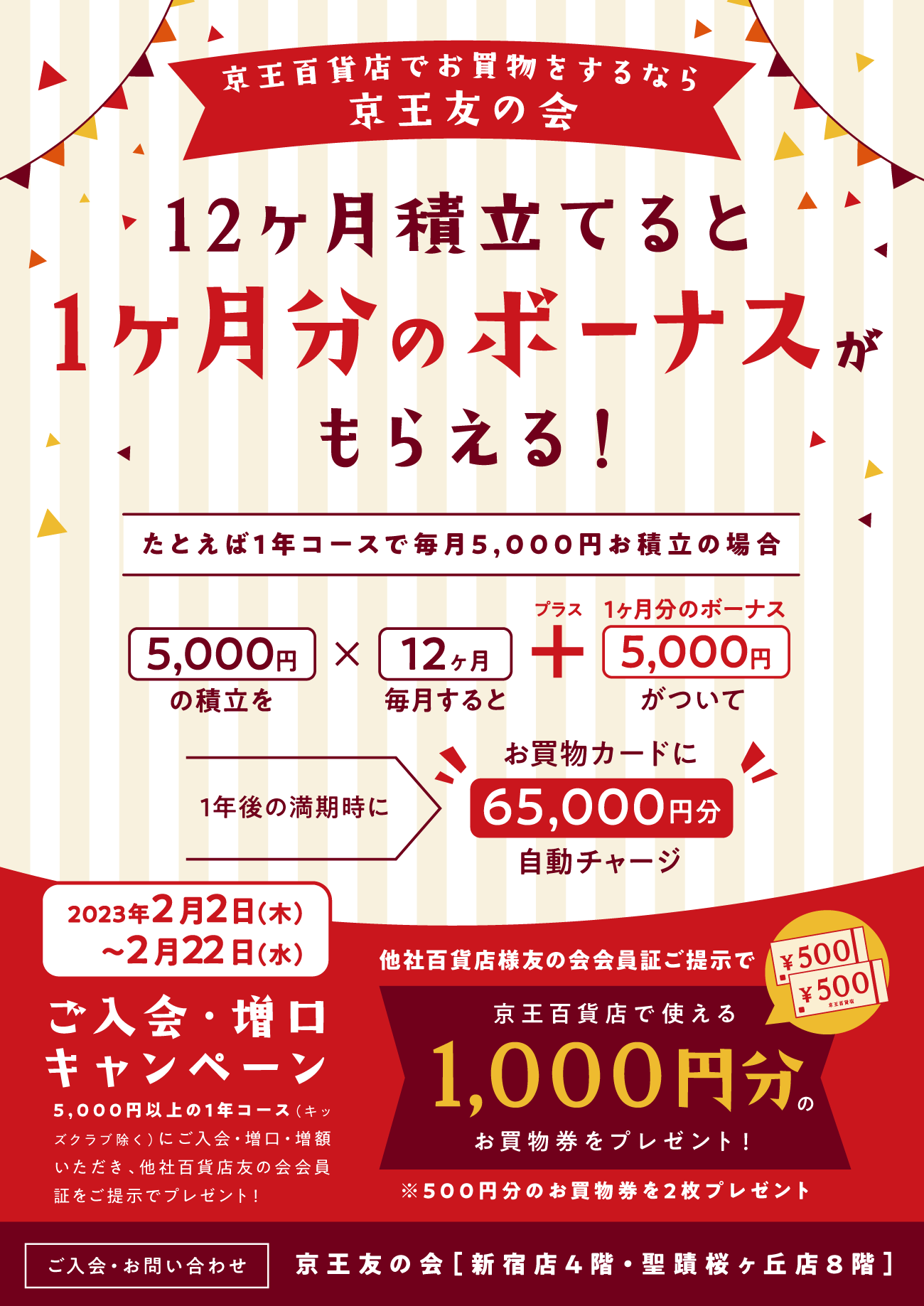 京王友の会 ご入会・増口キャンペーン 2023年2月2日(木)〜2月22日(水) 5,000円以上の1年コース(キッズクラブ除く)にご入会・増口・増額いただき、他社百貨店友の会会員証をご提示で京王百貨店で使える1,000円分のお買物券をプレゼント!