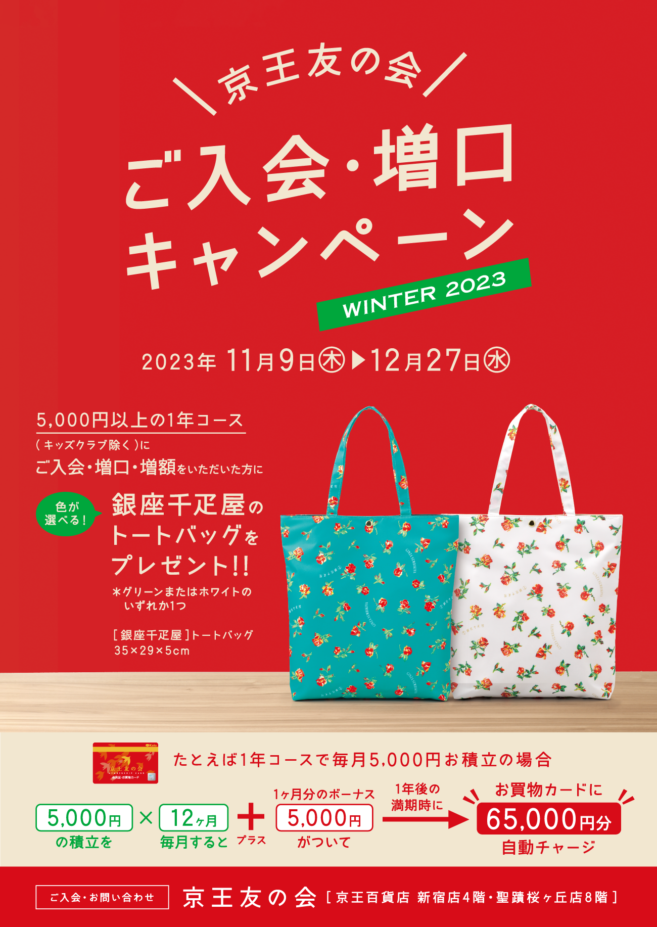 京王友の会 ご入会・増口キャンペーン 2023年11月9日(木)〜12月27日(水) 5,000円以上の1年コース(キッズクラブ除く)にご入会・増口・増額をいただいた方に、銀座千疋屋のトートバッグをプレゼント!!*グリーンまたはホワイトのいずれか1つ