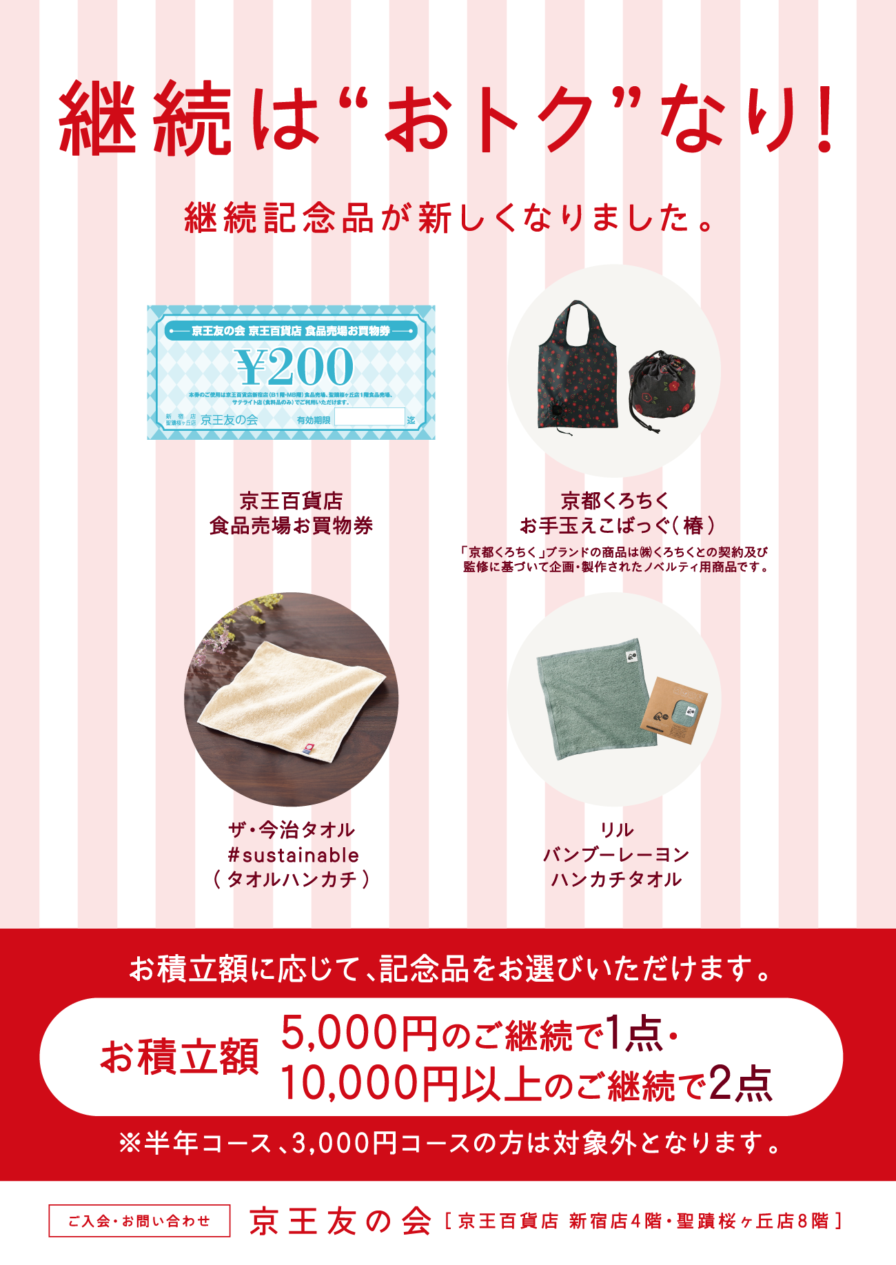 1年コース 5,000円以上のご継続が対象！　お積立額に応じて、記念品をお選びいただけます。お積立額 5,000円のご継続で1点、10,000円以上のご継続で2点　京王百貨店 食品売場お買物券　京都くろちく お手玉えこばっぐ（椿）　ザ・今治タオル #sustainable（タオルハンカチ）　リル バンブーレーヨン ハンカチタオル　※半年コース、3,000円コースの方は対象外となります。