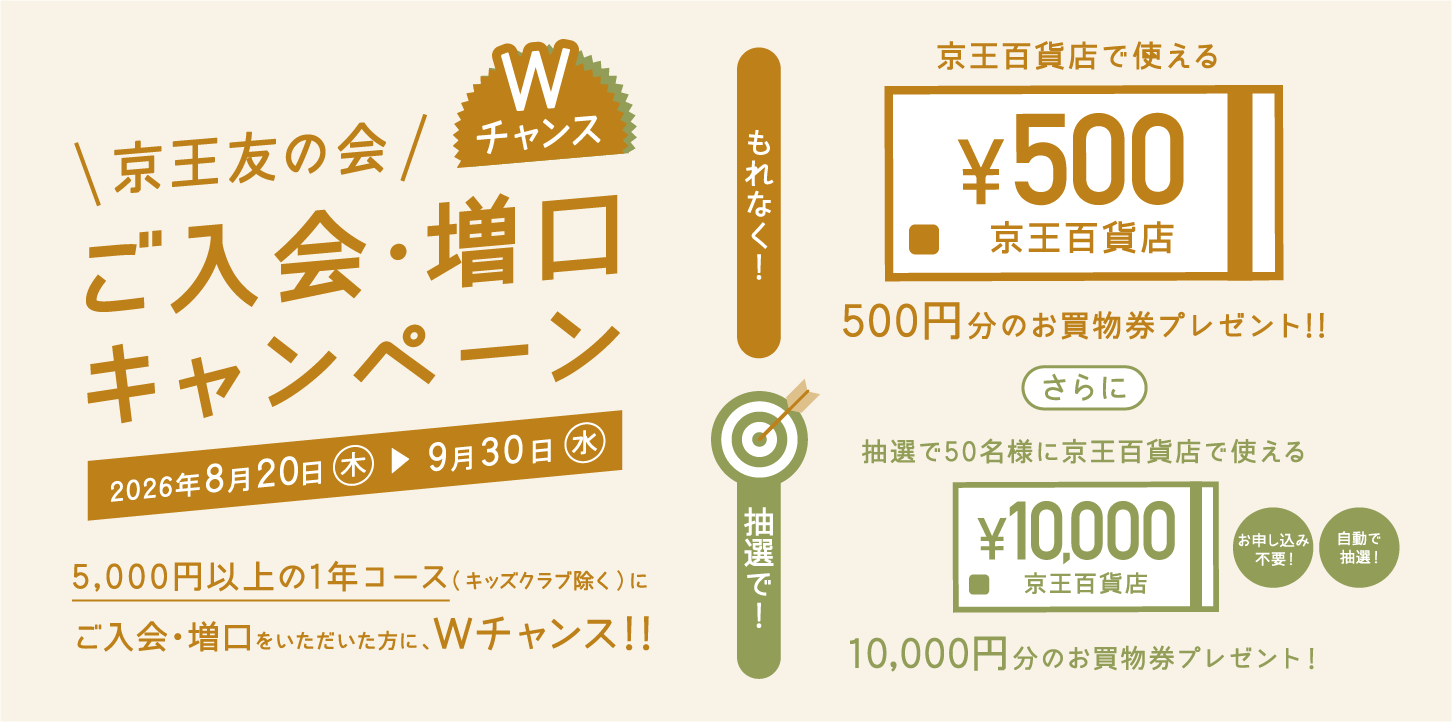 京王友の会 ご入会・増口キャンペーン 2026年8月20日(木)〜9月30日(水) 京王友の会にご来店いただき5,000円以上の1年コース(キッズクラブ除く)にご入会・増口をいただいた方に、Wチャンス!京王百貨店で使える500円分のお買物券プレゼント!さらに抽選で50名様に京王百貨店で使える10,000円分のお買物券プレゼント!