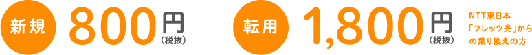 新規 800円（税抜）　転用 1,800円（税抜） NTT東日本「フレッツ光」からの乗り換えの方