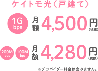 ケイトモ光〈戸建て〉 1Gbps 月額4,500円（税抜）　200Mbps 100Mbps 月額4,280円（税抜） ※プロバイダー料金は含みません。