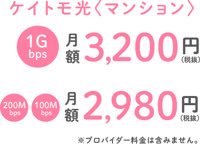 ケイトモ光〈マンション〉 1Gbps 月額3,200円（税抜）　200Mbps 100Mbps 月額2,980円（税抜） ※プロバイダー料金は含みません。