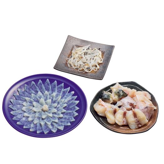 【山口県】とらふく料理　刺身80g、皮60g、ふぐちり250g、ふぐ醤油・もみじおろし・かぼす果汁・陶器皿(約径24cm)付1