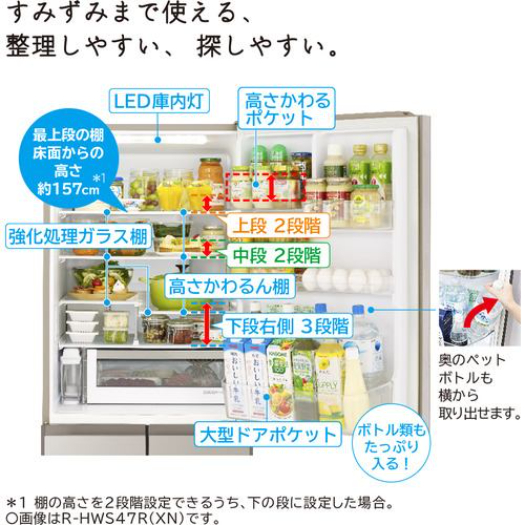 【標準設置対応付】日立 R-HWS47RL-XW 冷蔵庫（470L・左開き） 5ドア クリスタルホワイト3