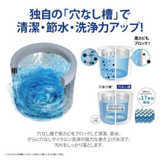【標準設置対応付】シャープ ES-PT10F-T 縦型洗濯乾燥機 洗濯10.0kg/乾燥5.0kg 除菌機能3