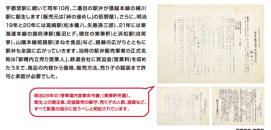 宇都宮駅に続いて同年10月、二番目の駅弁が信越本線の横川駅に誕生します（販売元は｢峠の釜めし｣の荻野屋）。