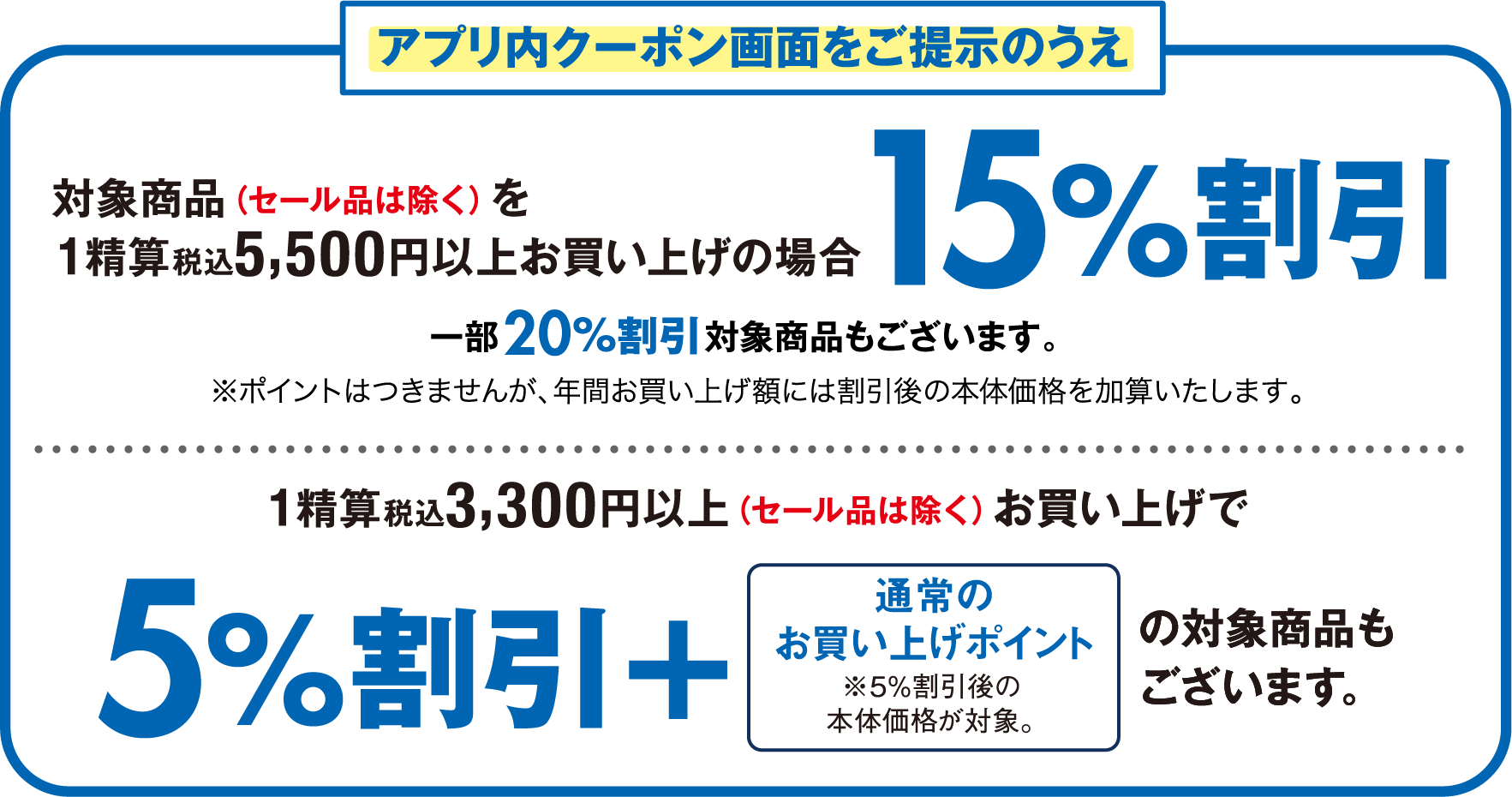 アプリ内クーポン画面をご提示のうえ対象商品(セール品を除く)を1精算
税込5,500円以上お買い上げの場合15%割引 一部20%割引対象商品もございます。