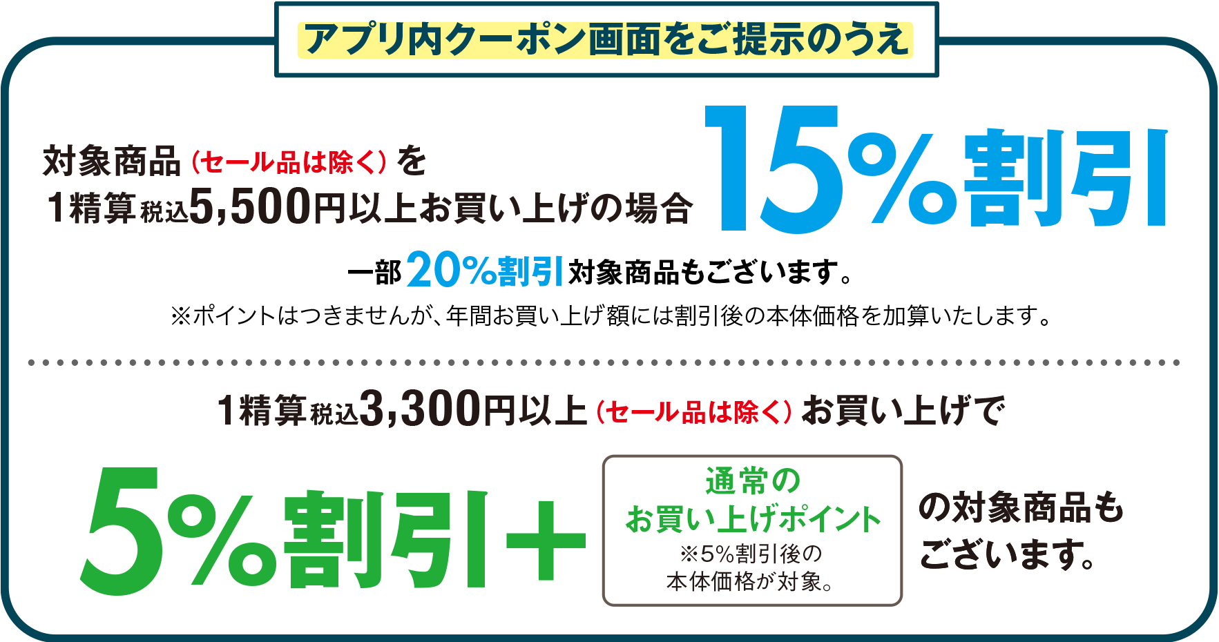 アプリ内クーポン画面をご提示のうえ対象商品(セール品を除く)を1精算
税込5,500円以上お買い上げの場合15%割引 一部20%割引対象商品もございます。