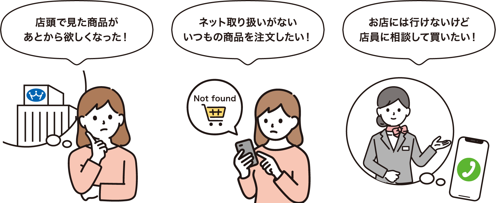 店頭で見た商品があとから欲しくなった！ ネット取り扱いがないいつもの商品を注文したい！ お店には行けないけど店員に相談して買いたい！